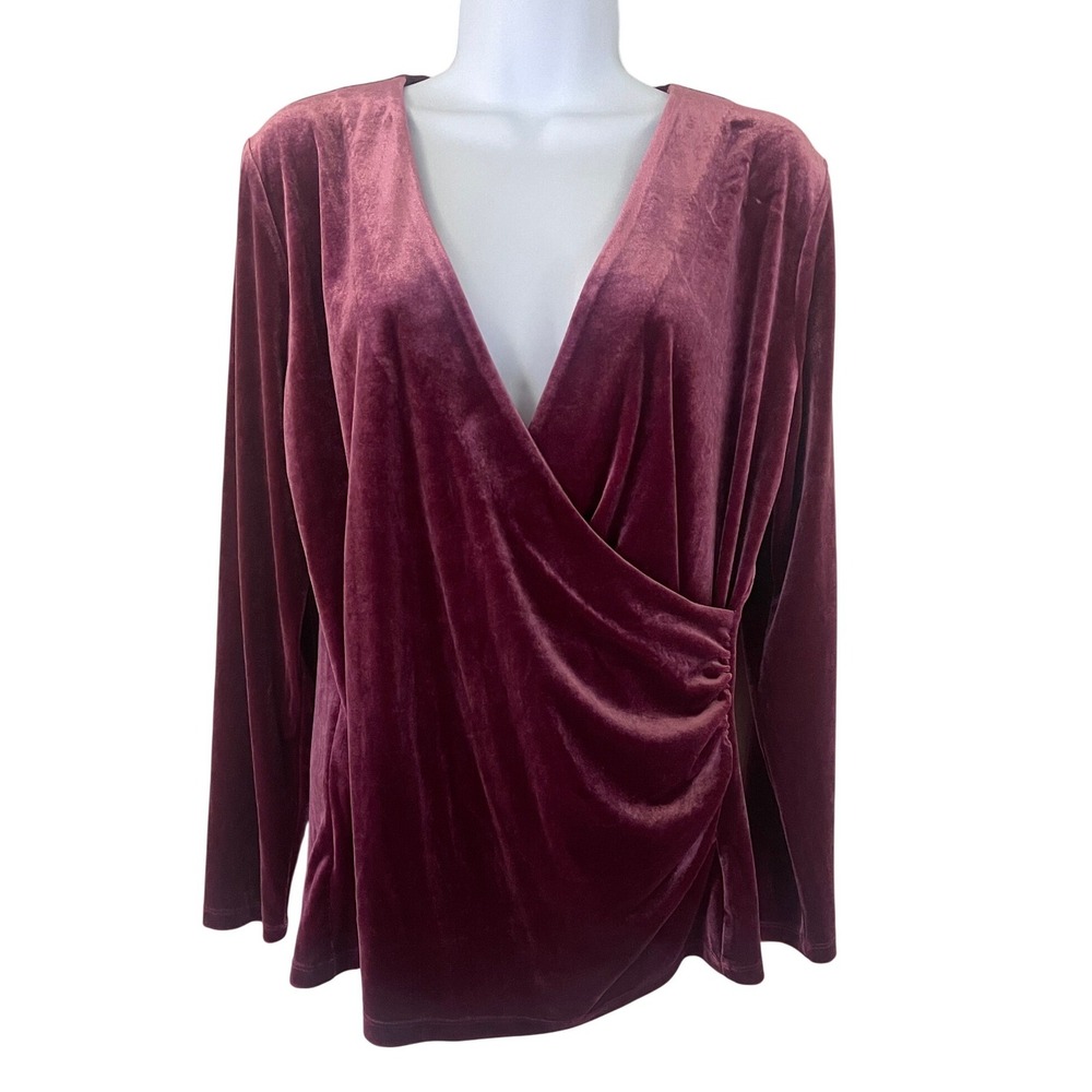Talbots Petite Large Plum Velvet Wrap Top V-Neck Ruched Long Sleeve Blouse
